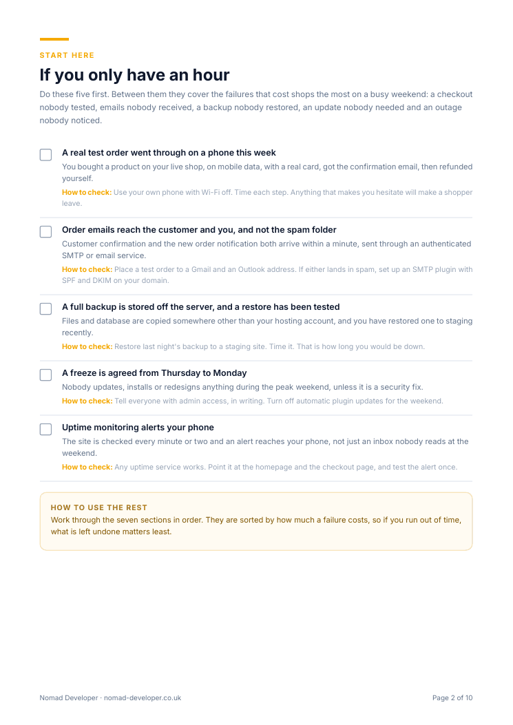 The five triage checks on page two of the checklist