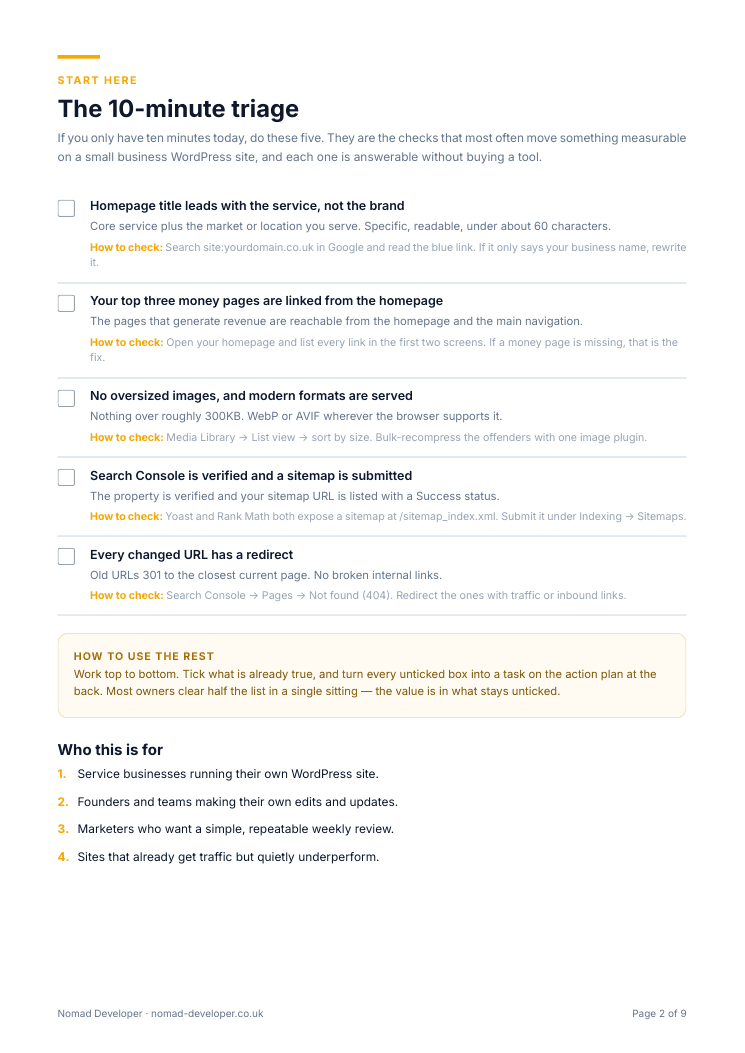 First page of checks inside the WordPress SEO Quick Wins Checklist