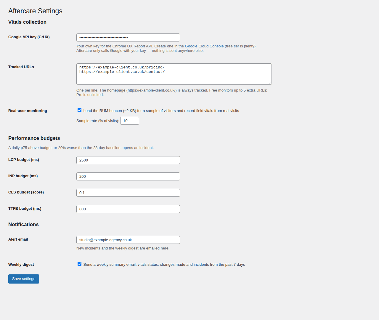 Aftercare settings screen with API key, tracked URLs, performance budgets and notifications