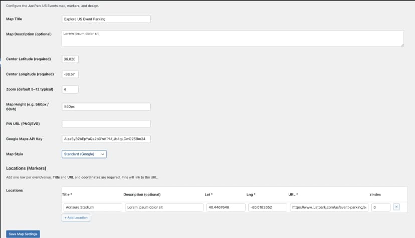 WordPress admin interface showing Venue Map Pro settings page