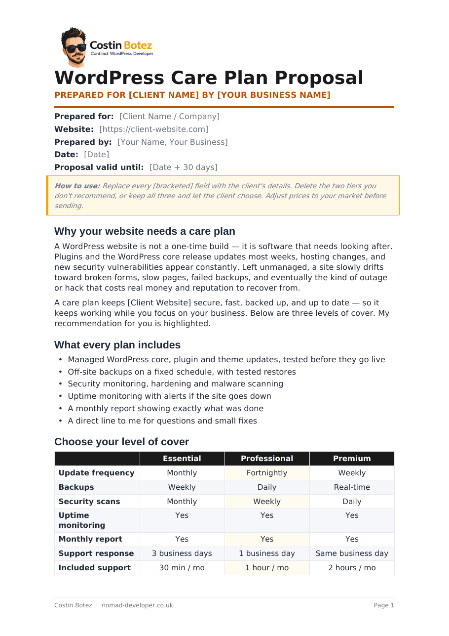 First page of the Care Plan Proposal Template