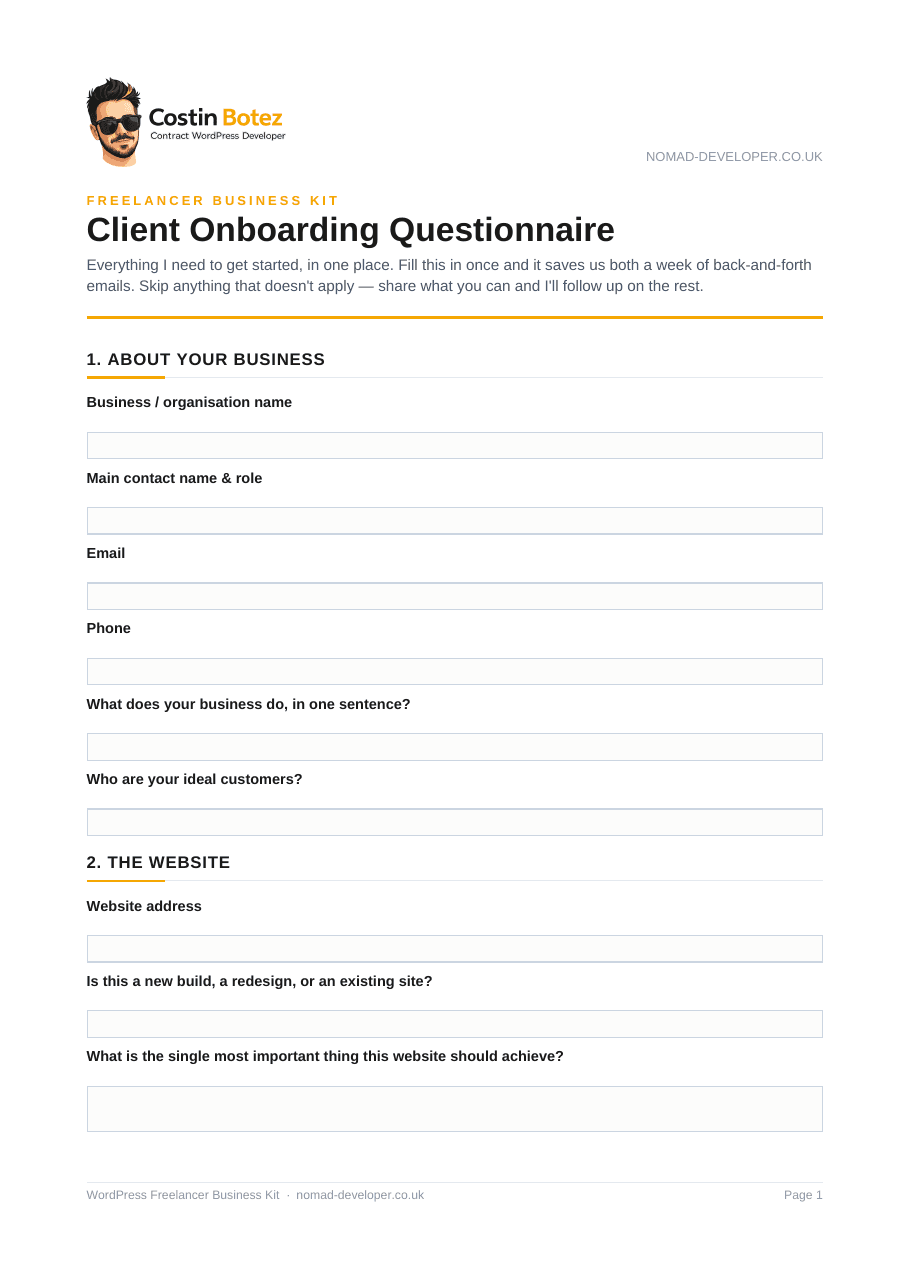 First page of the fillable Client Onboarding Questionnaire
