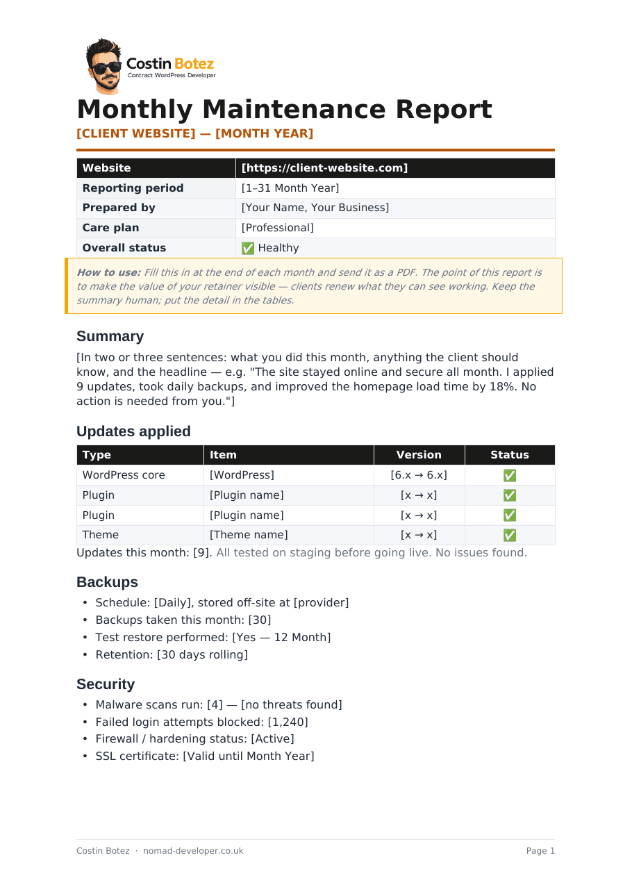 First page of the Monthly Maintenance Report Template