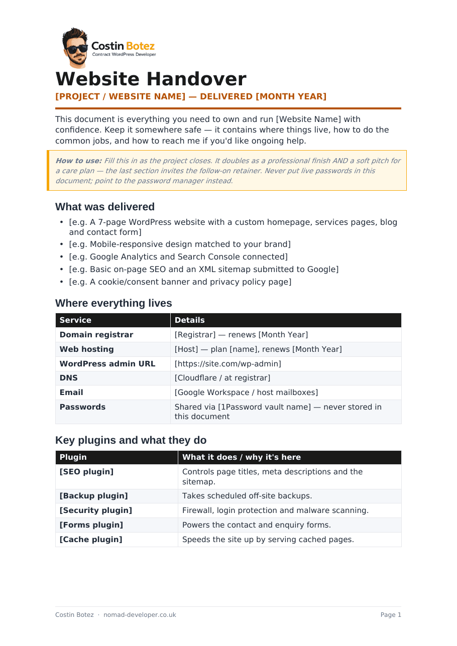 First page of the Website Handover Document