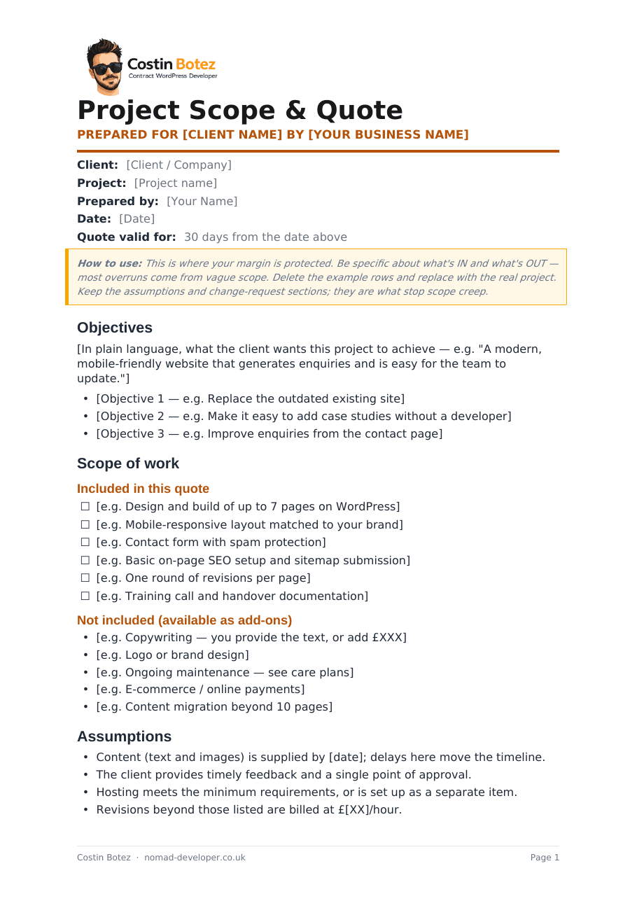 First page of the Project Scoping and Quote Template