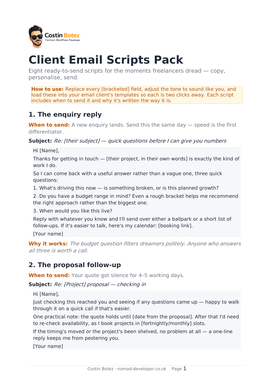 First page of the Client Email Scripts Pack showing the enquiry reply script