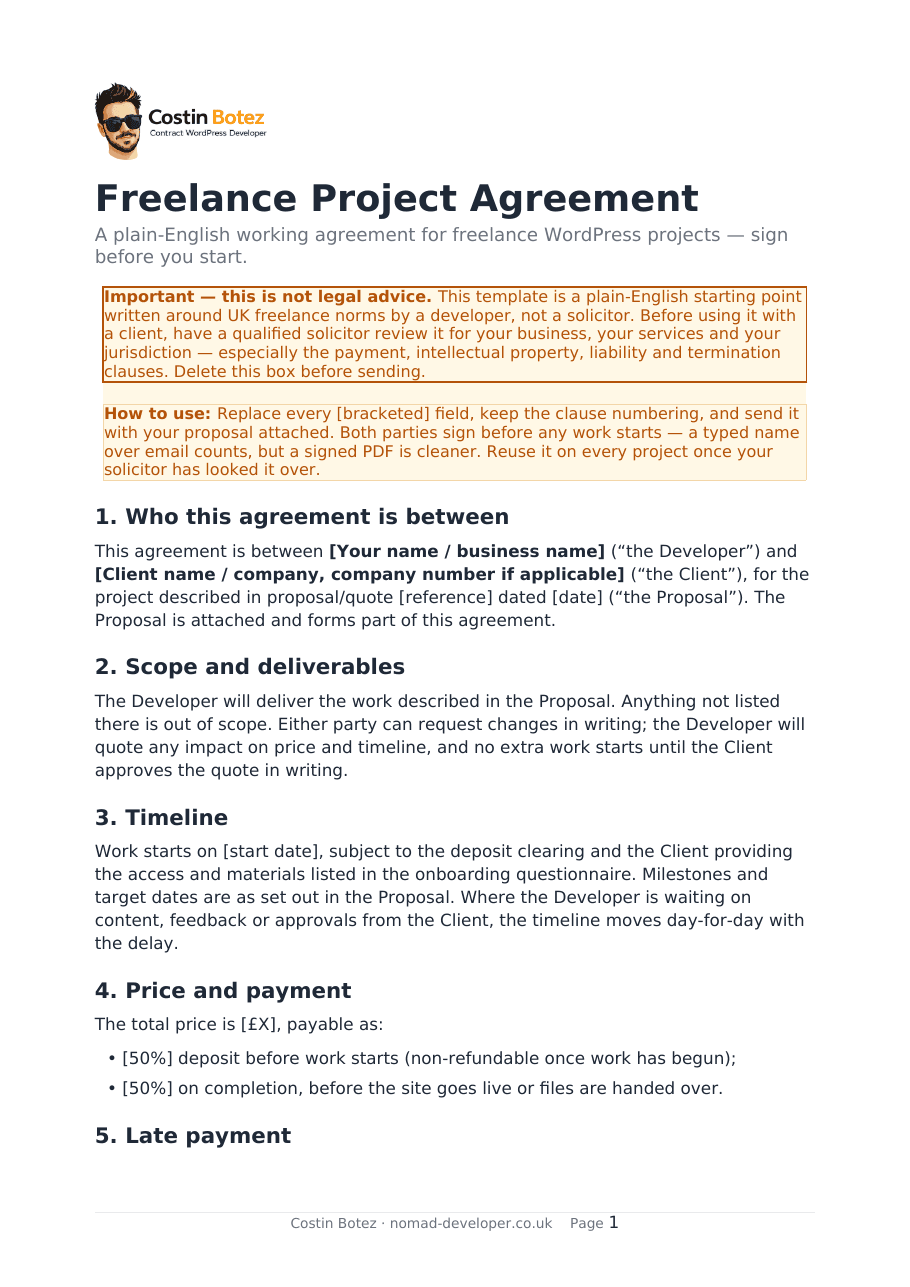 First page of the Freelance Project Agreement template