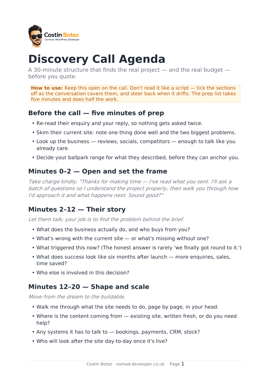 First page of the Discovery Call Agenda with the pre-call prep checklist