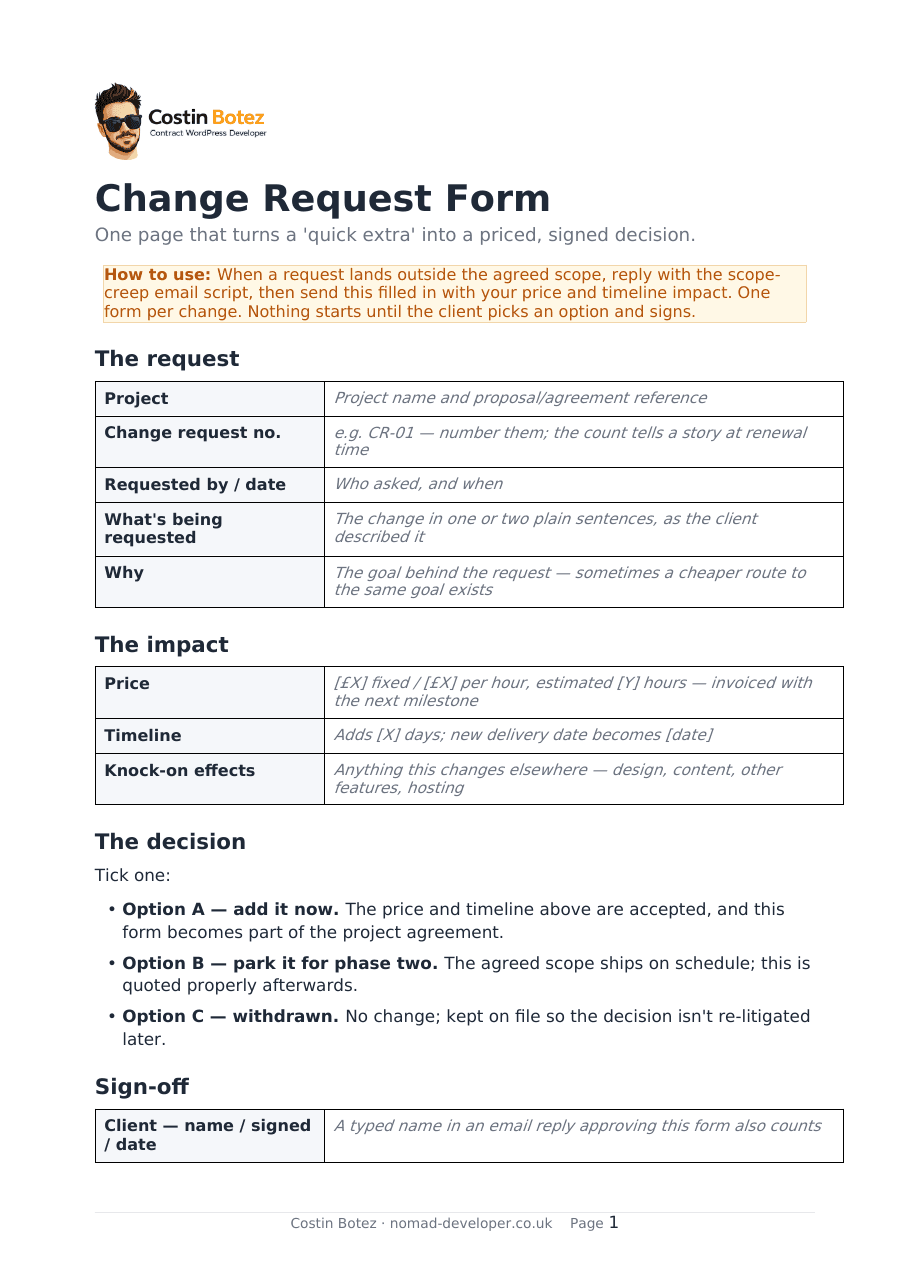 The Change Request Form with request, impact and sign-off sections