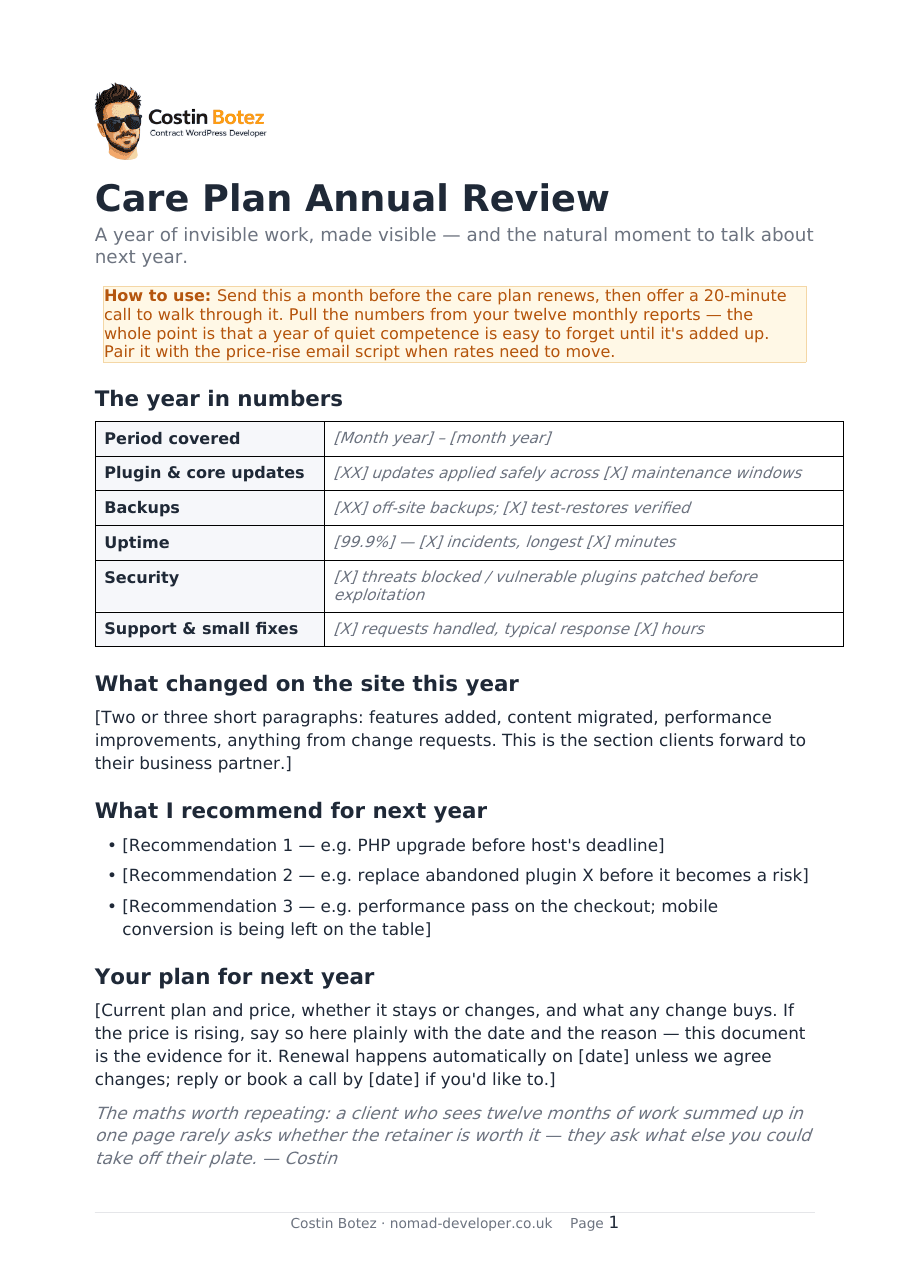 First page of the Care Plan Annual Review with the year-in-numbers table
