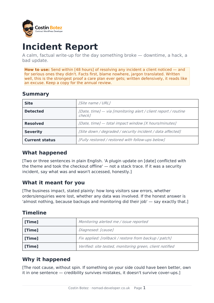 First page of the Incident Report Template with the incident summary table