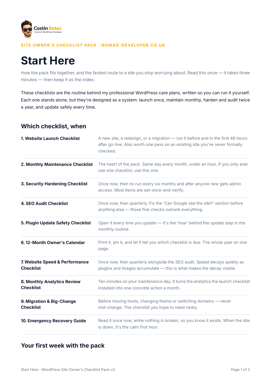 First page of the Start Here guide mapping each checklist to when it's needed