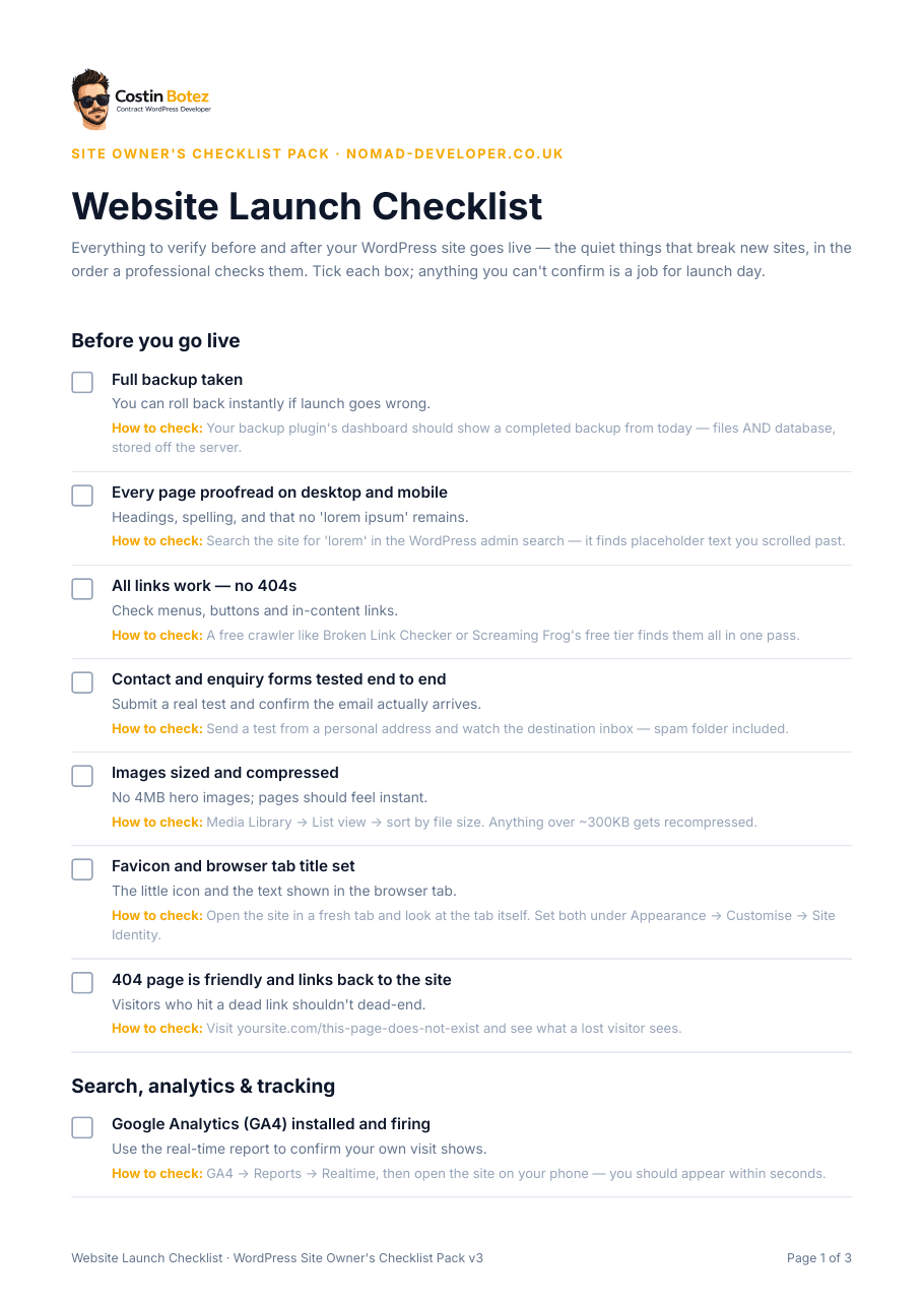 First page of the Website Launch Checklist with fillable checkboxes and how-to-check notes