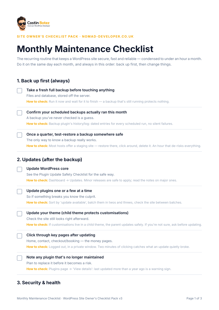 First page of the Monthly Maintenance Checklist