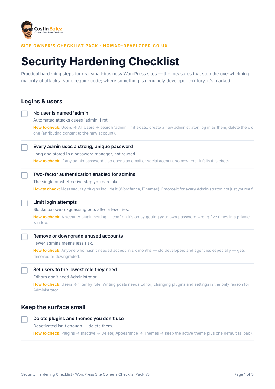 First page of the Security Hardening Checklist