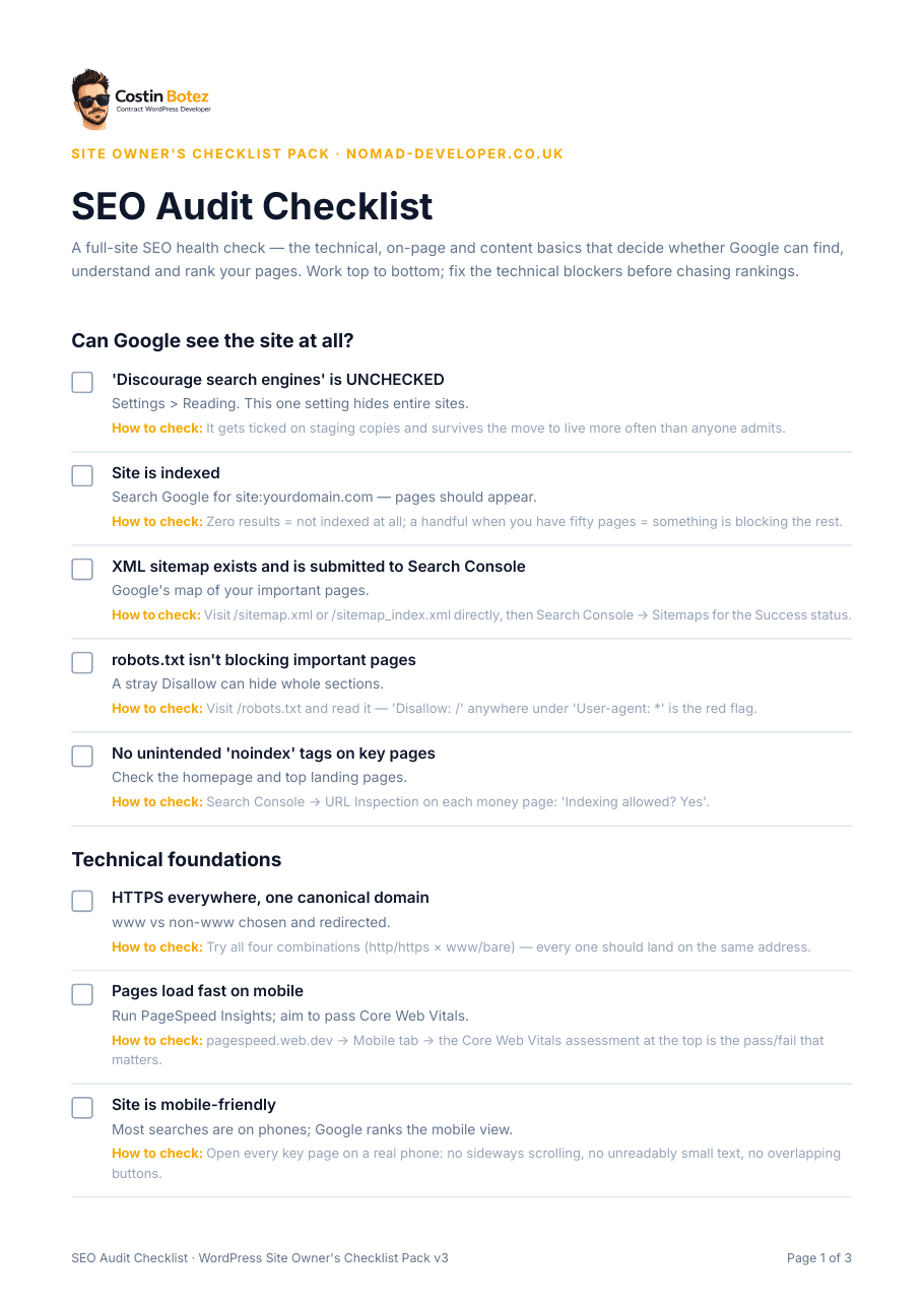 First page of the SEO Audit Checklist