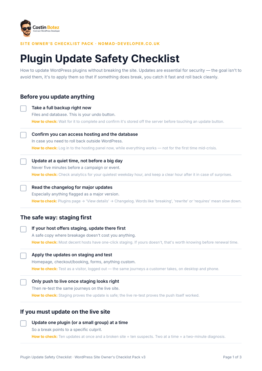 First page of the Plugin Update Safety Checklist