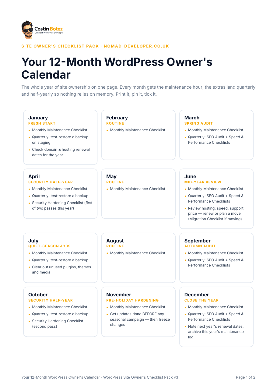 The 12-Month Owner's Calendar with every month's maintenance tasks on one page