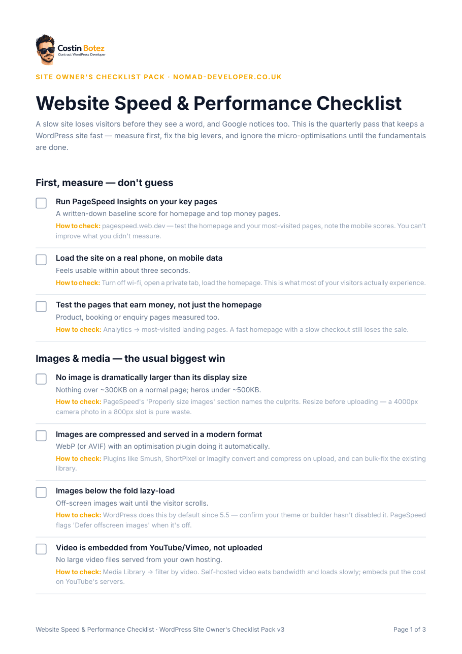 First page of the Website Speed & Performance Checklist