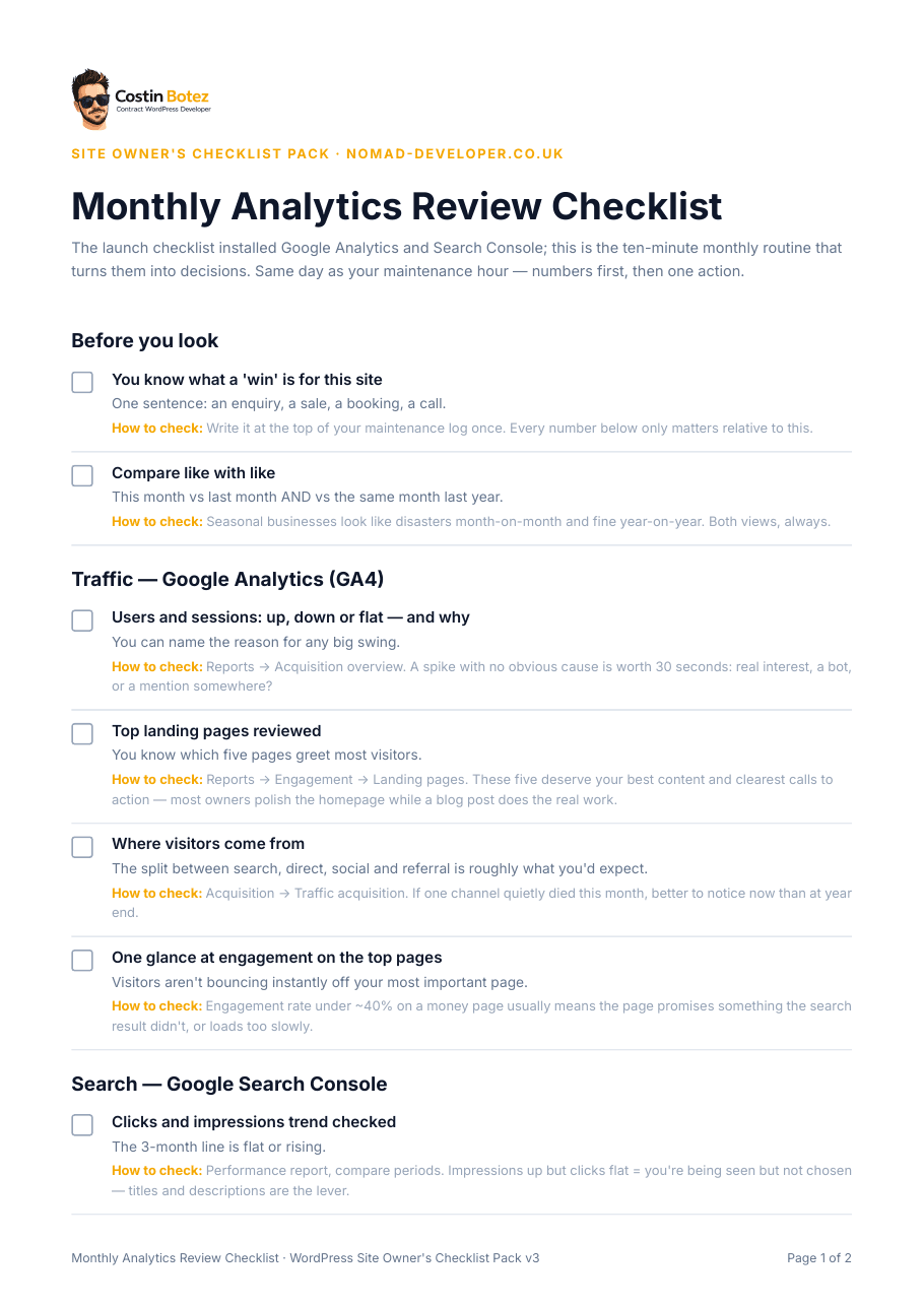 First page of the Monthly Analytics Review Checklist