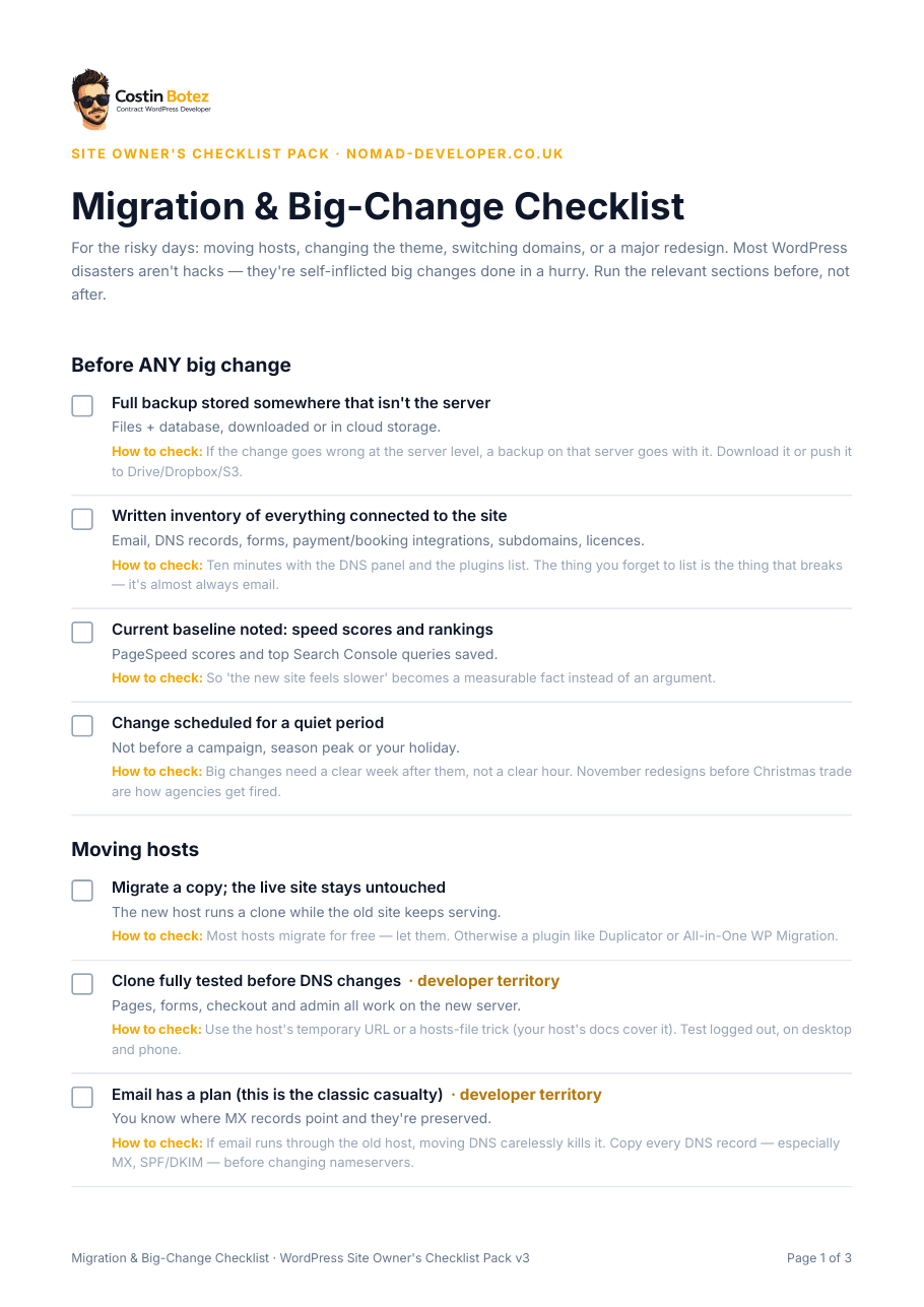 First page of the Migration and Big-Change Checklist