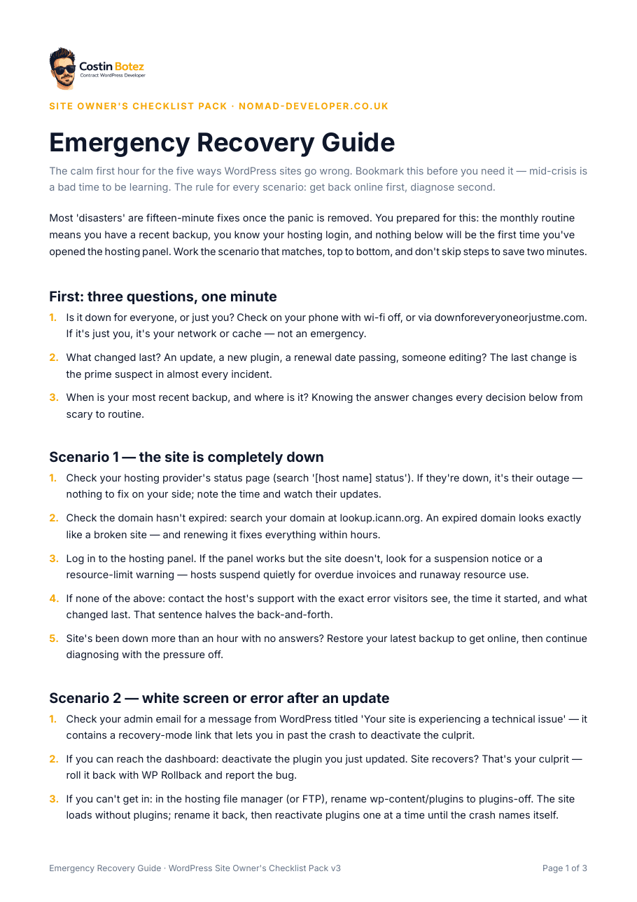 First page of the Emergency Recovery Guide