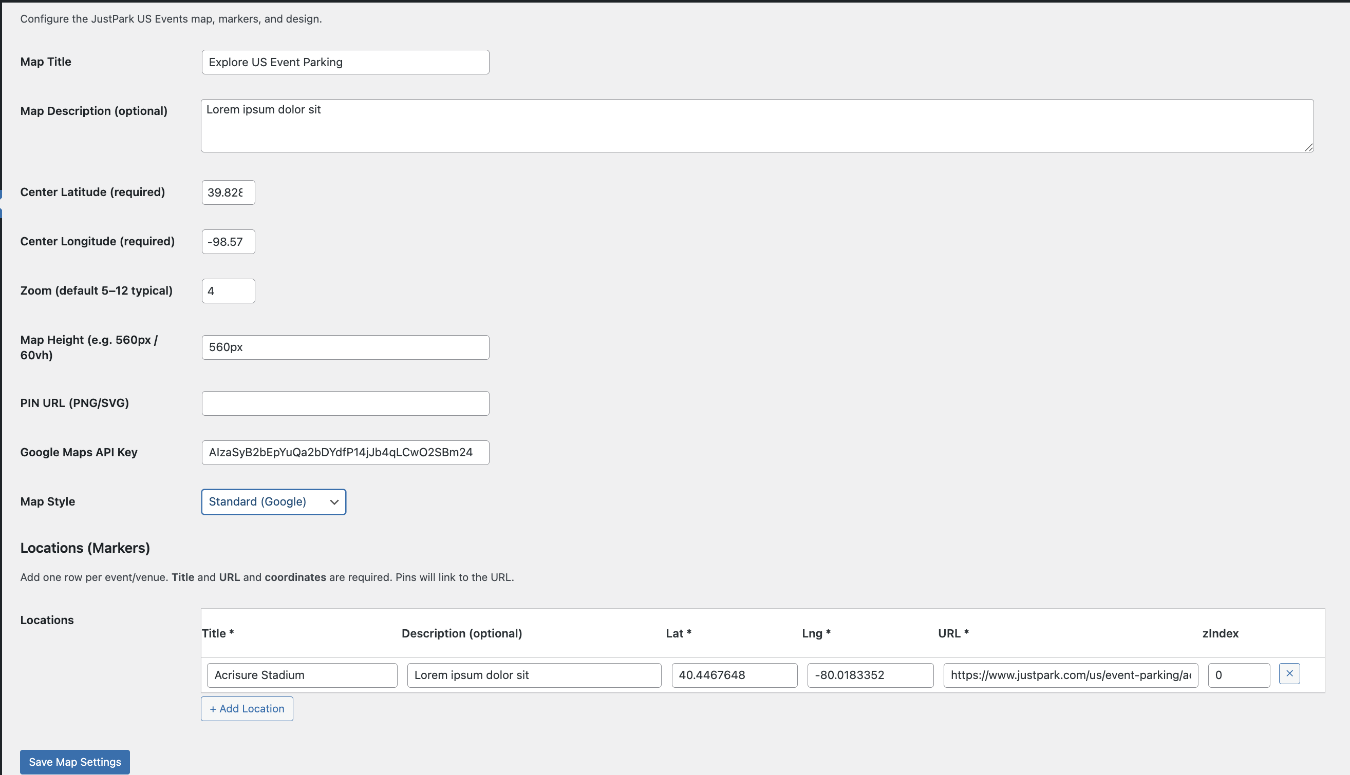 WordPress admin interface showing Venue Map Pro settings page