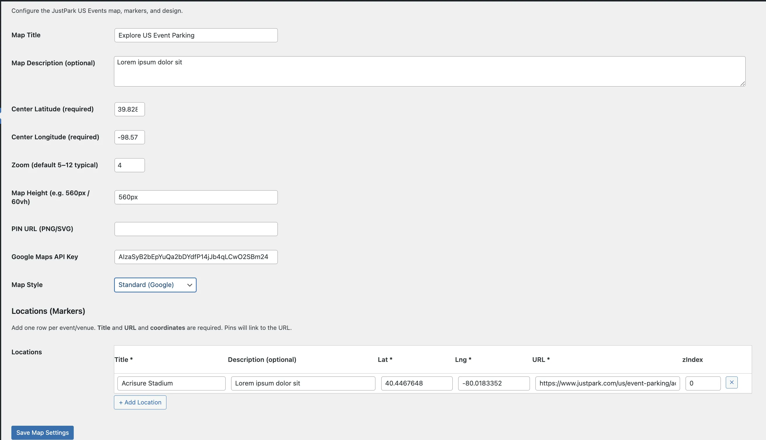 WordPress admin interface showing Venue Map Pro settings page